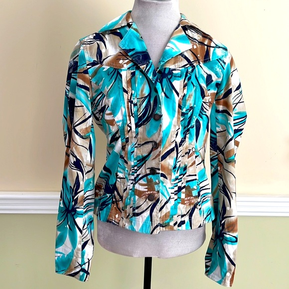 COLDWATER CREEK Turquoise Pleated Floral Jacket Size 4 NWOT - Picture 1 of 10